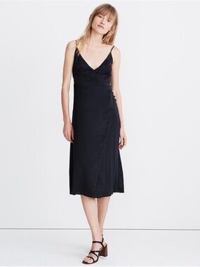 Madewell Black Satin Side Button Cami Wrap Dress